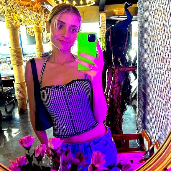 ‘Have to let go’ bustier gingham black and white halter top - Picture 4 of 4